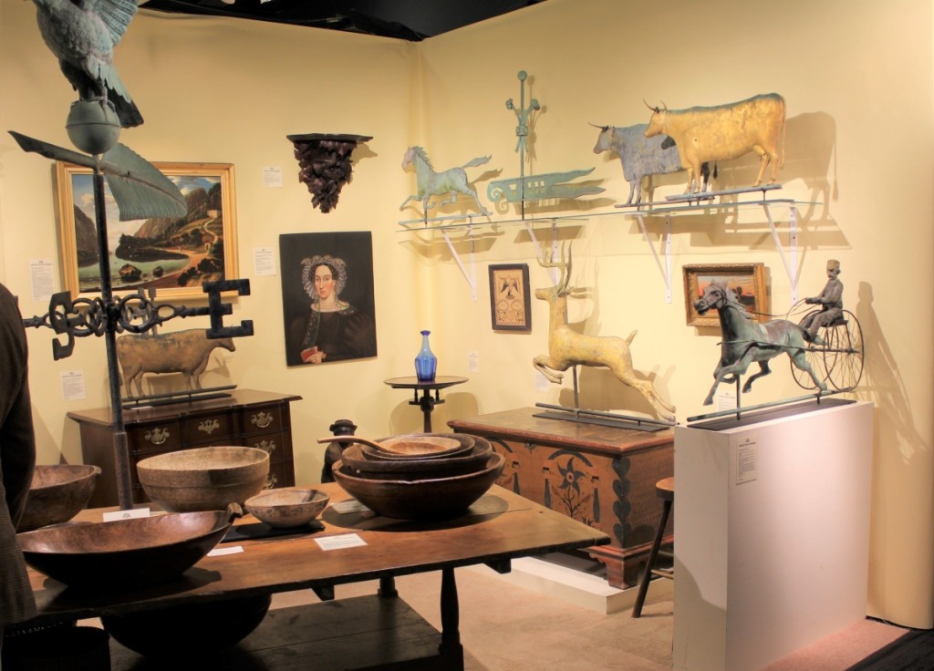 Sales on opening night with Jeffrey Tillou Antiques, Litchfield, Conn., included a Jewell horse and rider weathervane and an eagle-painted panel from New England or New York.