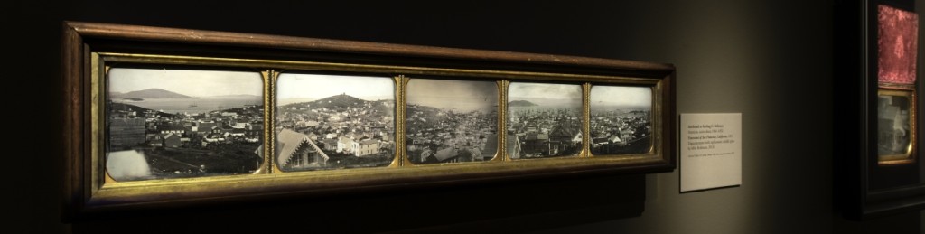 One of the most important exhibits is a multiple-plate panorama of San Francisco as it appeared in 1851, attributed to American daguerreotypist Sterling C. McIntyre (active 1844-1852). He also made single half-plate views of notable points of interest in the city, such as the harbor with its masted ships.