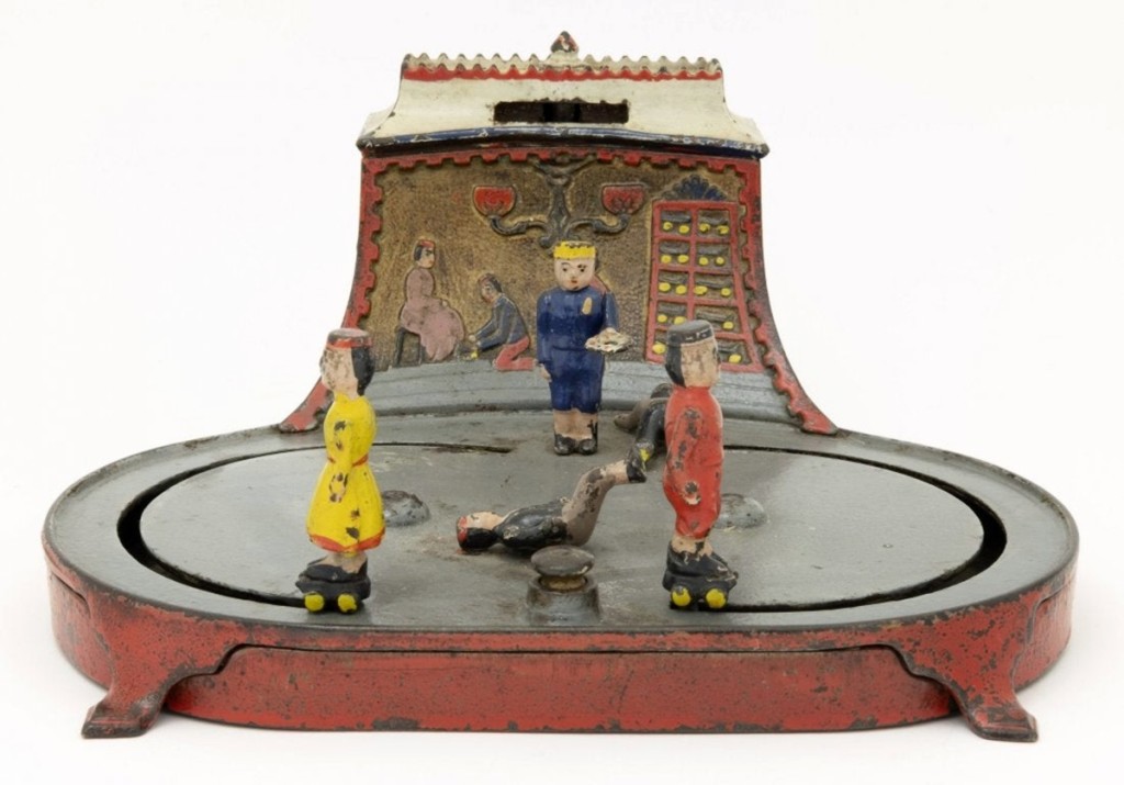 Another whimsical mechanical bank is the Roller Skating Bank that provides lots of enjoyable movement of skaters on a pond, including one little fellow who fell on his back. Lots of vivid color, including the back drop of a skate rack with chandelier, keeps one smiling while putting pennies in the slot. This cast iron bank by Kyser & Rex, 1880s, still in pristine condition, sold for $60,000, just slightly over the low estimate.