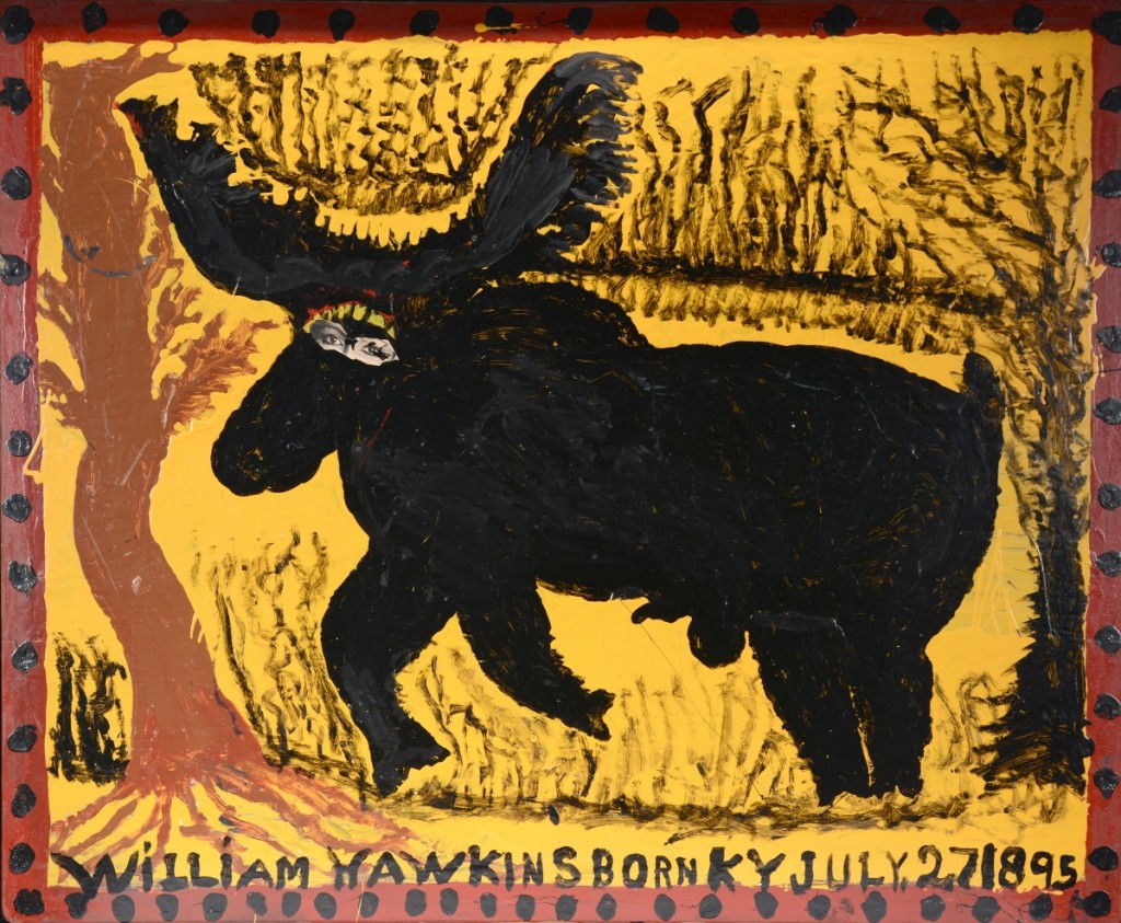 William Hawkins used magazine cutout eyes for his “Elk With Human Eyes,” which was bid to $38,400.