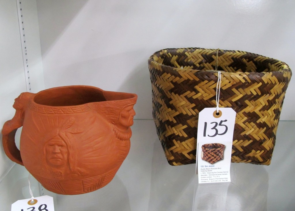 A few Native American items were sold, including the low-fired terracotta Indian motif pitcher and the Cherokee river reed storage basket.