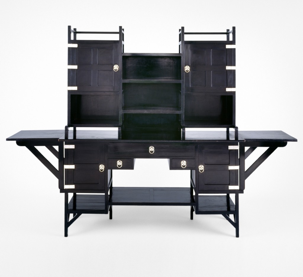 Sideboard designed by Edward William Godwin (British, 1833-1880), produced by William Watt, London, circa 1876. Pine, ebonized mahogany, silver electroplated hardware. The Wolfsonian–FIU, The Mitchell Wolfson Jr Collection.
