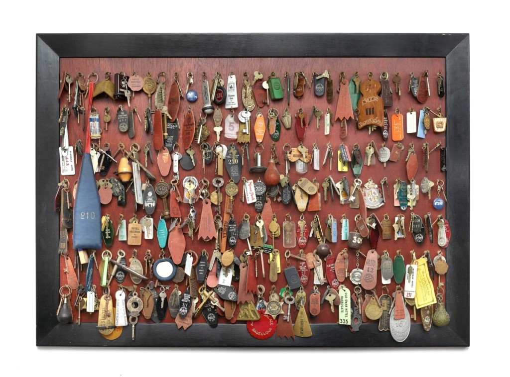 Hotel keys, 1951–86. Metal, wood, plastic, cloth, leather. The Mitchell Wolfson Jr Private Collection.