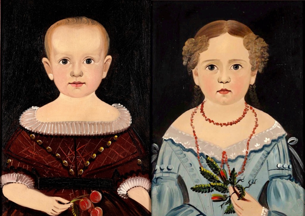 The top lot of the sale was this pair of Sturtevant J. Hamblin folk art portraits of children, circa 1830, which sold for $64,350 to a collector on the phone ($30/50,000).