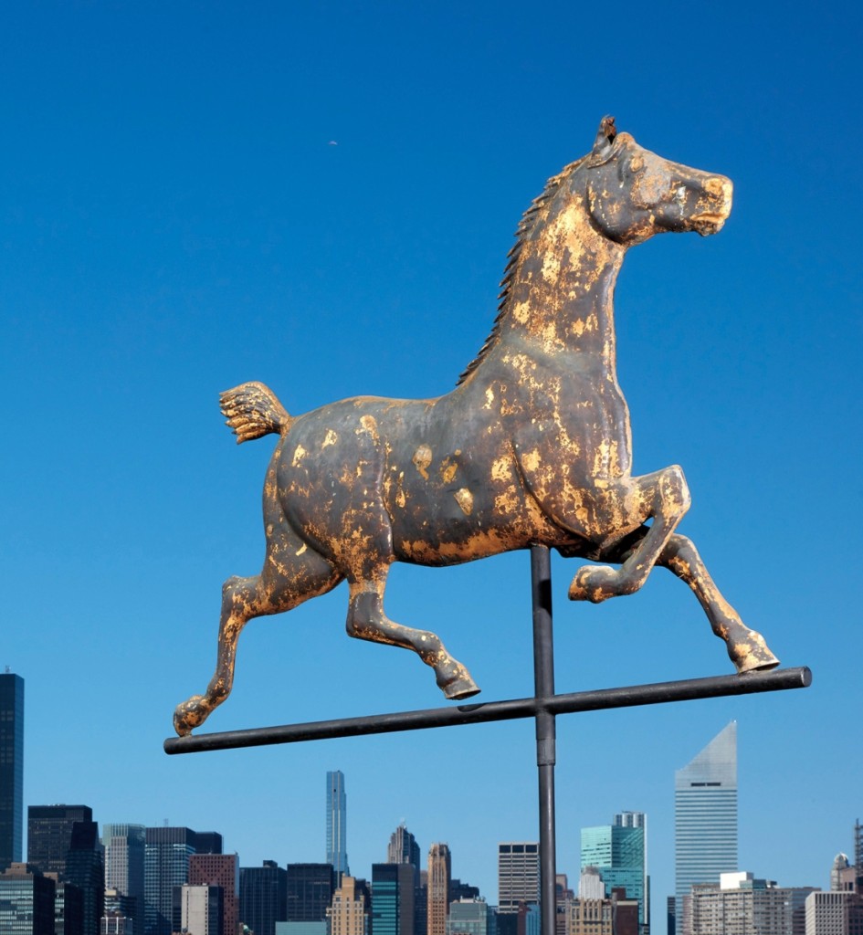 The first weathervane out of the gate was this “Hackney” horse weathervane attributed to W.A. Snow Iron Works, Boston, Mass. It finished squarely within estimate, at $12,500. ($10/15,000).