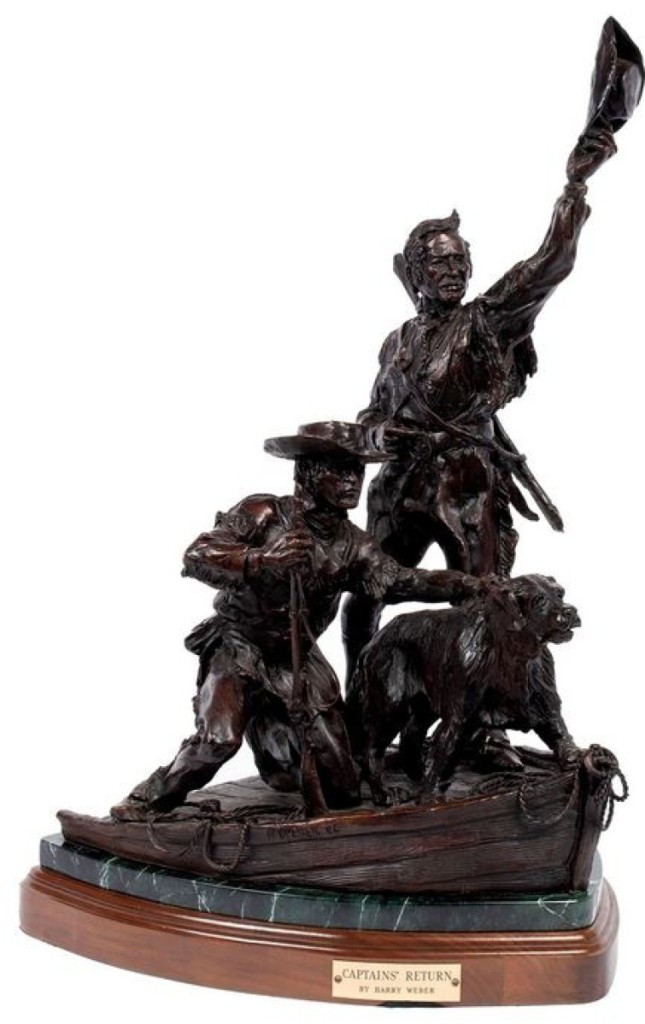 The top lot of the sale was found in this bronze sculpture titled “The Captains Return” by contemporary American artist Harry Weber. The work, which features Lewis, Clark and their dog, Seaman, is editioned 1 of 25, though only 15 are thought to have been made. The sculpture brought $12,000. The full-size bronze edition, weighing in at 9,000 pounds, is installed on the riverfront grounds of the St Louis Gateway Arch. The monument was originally situated near water level, and even though the image features the explorers in a small rowboat, it was regularly flooded over by the Mississippi River. The city reinstalled it on the grounds, but in a higher position, in 2016.