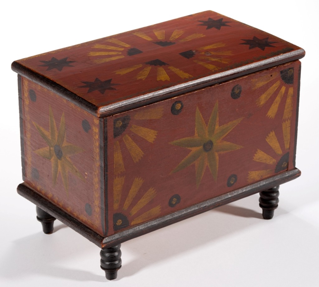 Painted smalls have sold well at Americana auctions recently. This folk art hand painted and stenciled diminutive box, attributed to the Stirewalt family of New Market, Va., followed that trend and sold for $38,025 ($20/30,000).