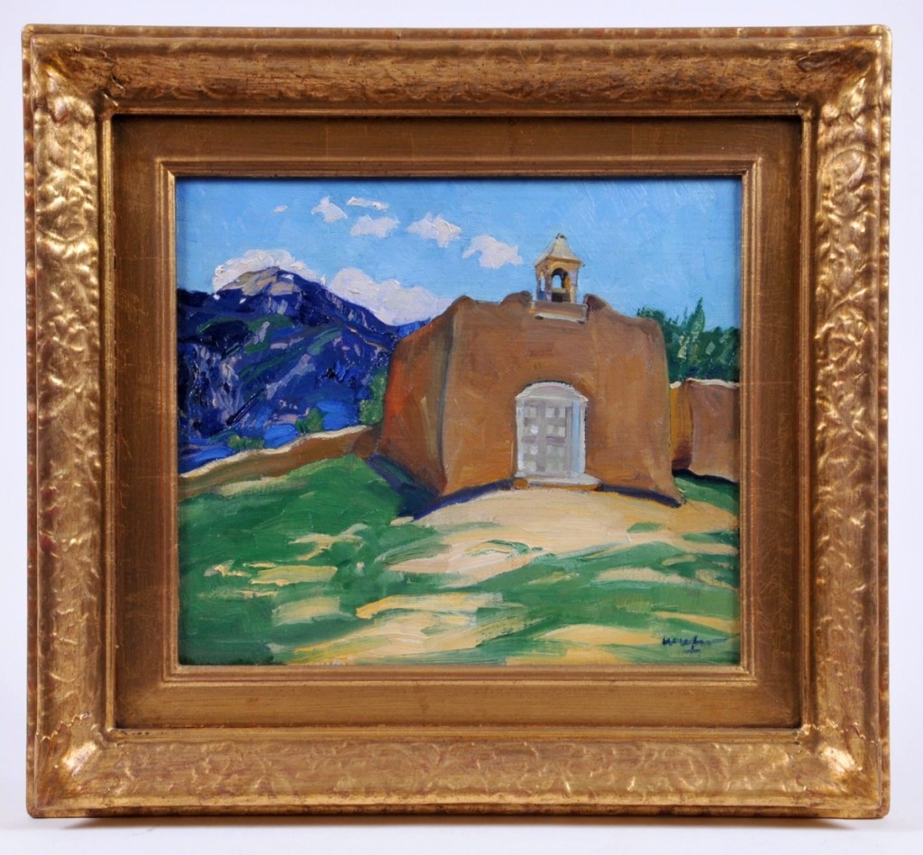 The highest price of the day was paid for Walter Ufer’s colorful landscape “A Morado at Placido,” showing a Pueblo church in a mountain landscape. It went to a phone bidder for $38,080. The artist was best known for his Pueblo Indian scenes.