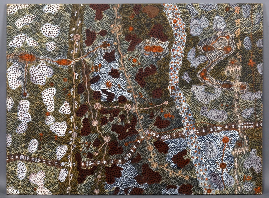This 1973 synthetic polymer paint on composition board by the Australian Aboriginal artist Clifford Possum Tjapaltjarri (1926-2002) sold for $93,750 to a phone bidder.