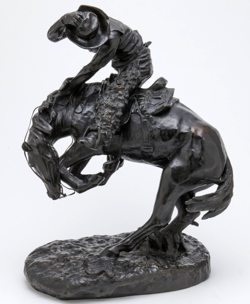 The top lot of the auction was a familiar bronze sculpture by Frederic Remington “The Rattlesnake,” 23½ inches high, which realized $125,000.