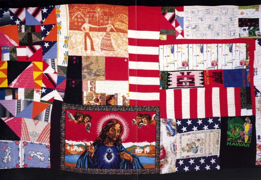 Rosie Lee Tompkins, Untitled, 1996; quilted by Irene Bankhead, 1996. Cotton, cotton flannel, cotton feed sack, linen, rayon, flocked satin, velvet, cotton-synthetic blend, cotton-acrylic jersey, acrylic double-weave, cotton-polyester, polyester double-knit, acrylic and cotton tapestry, silk batik, polyester velour, rayon or acrylic embroidery on cotton, wool, needlepoint, shisha-mirror embroidery; 88 by 146 inches. Sharon Risedorph photo.