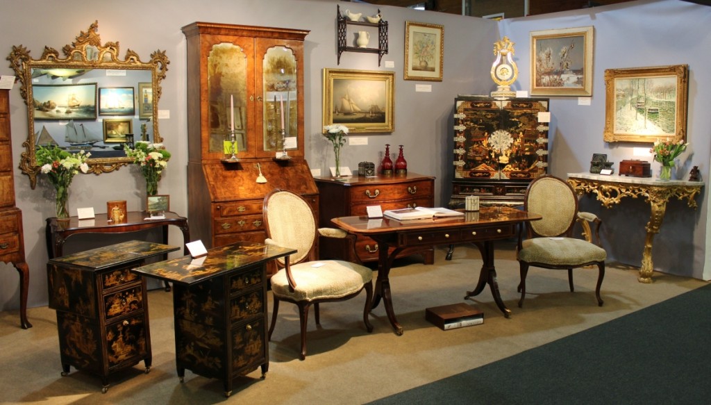 English, American and Continental furniture specialist Gary Sergeant of Woodbury, Conn., filled his booth with choice examples, including a great pair of French lacquered cabinets at left. Chinoiserie-decorated and japanned, the Nineteenth Century pair each had drop leaf tops above two working drawers on a fall front cabinet with marble lining on castered feet. They were ex collection Didier Aron, New York.