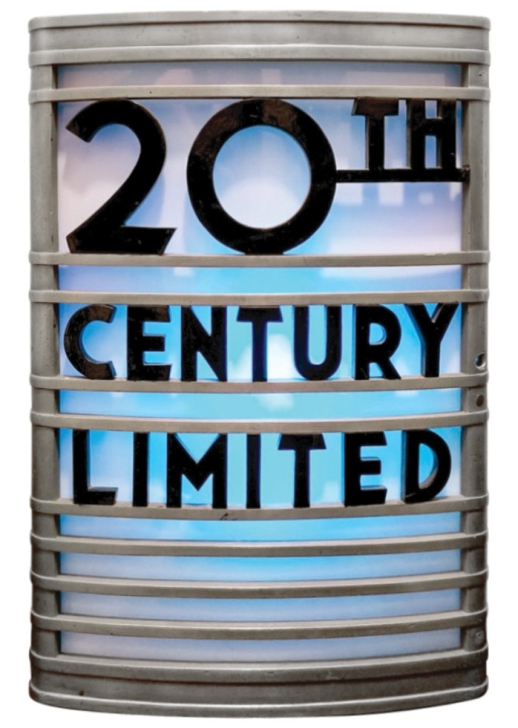 With great Art Deco appeal, this streamlined backlit aluminum railroad passenger car sign designed by Henry Dreyfuss (1904-1972) had been commissioned by New York Central Railroad for its luxury train the 20th Century Limited. The 28-by-20-by-4½-inch sign sold above its $10/15,000 estimate at $19,000.