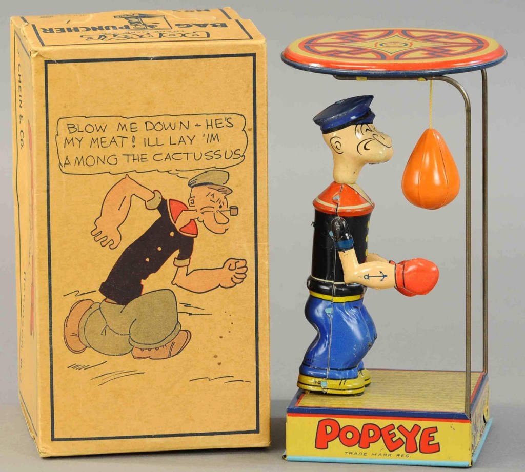 Boxed Chein Popeye Bag Puncher, very colorful, measures 9 inches, and is in pristine to near mint condition. It sold for $4,200, just above high estimate.