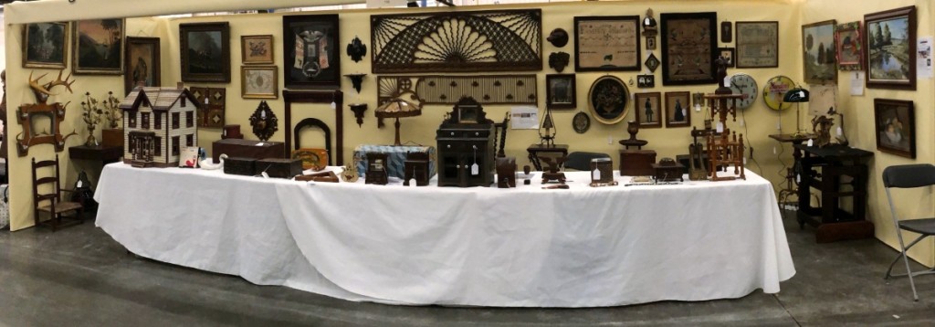 Bob Markowitz, Georgetown, Mass., filled his booth with stick-and-ball furniture, a Nineteenth Century dollhouse, silhouettes, advertising clocks and more.