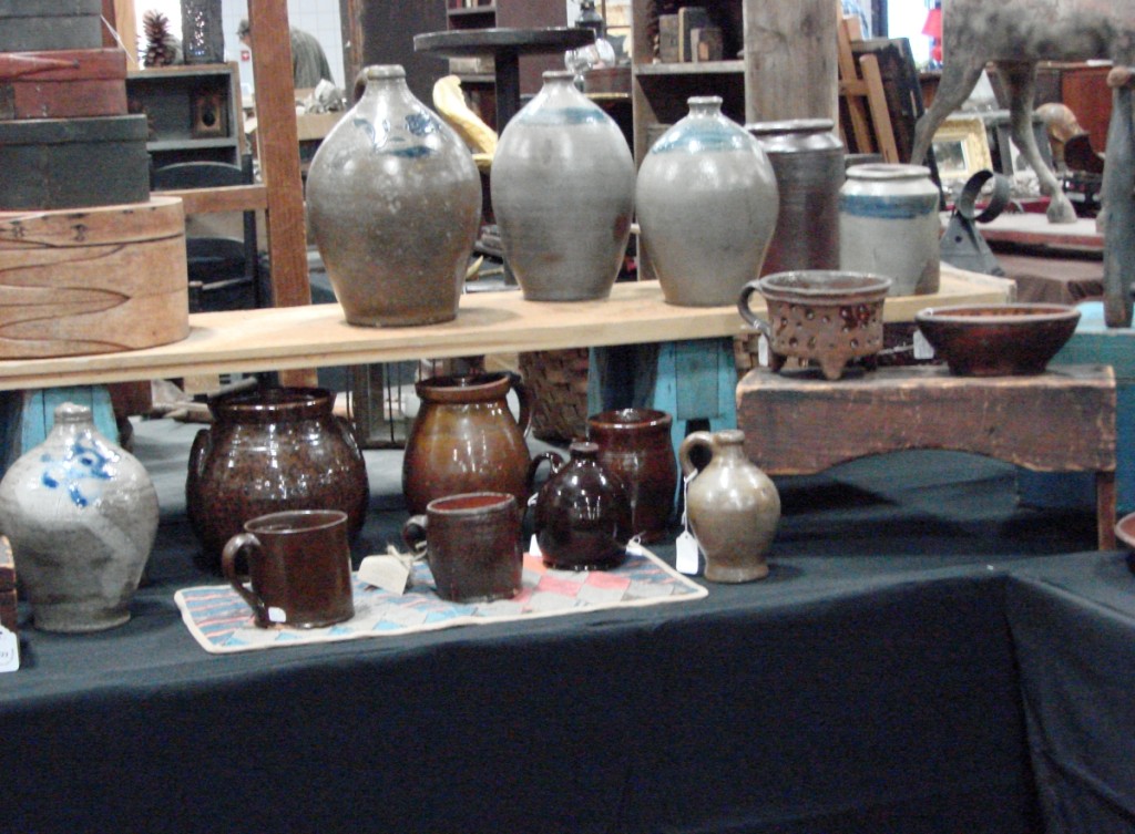 One of the booths with wide selections of early stoneware belonged to Kris Casucci, Walker Homestead Antiques, Brookfield, Mass. If you haven’t been to the shows she produces on her property during the summers, you’re missing some exceptional “pure country” shows.