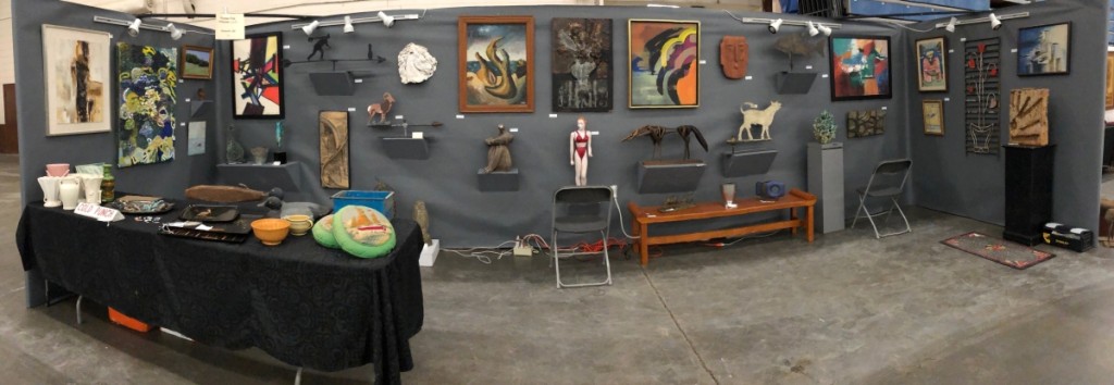 A wide variety of sculptural and colorful Twentieth Century folk art was displayed in the booth of Ed Miller, Pioneer Folk Art, Ellsworth, Maine. The mixed metal abstract still life in the center of the booth was priced at $475.
