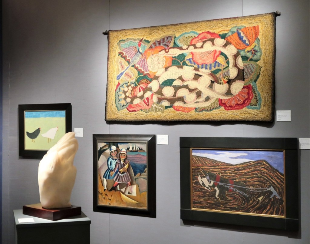 At Debra Force Fine Art, “The Snake and the Bird,” a 1937 hooked rug by Marguerite Zorach, $135,000. “Fishermen’s Children,” a 1919 oil by her husband, William, below left, $245,000. Robert Laurent’s carved alabaster bust “La Toilette,” circa 1940, was $110,000.