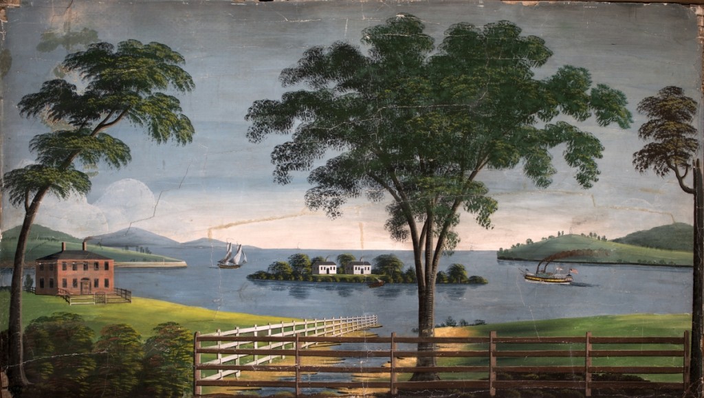 Francis Howe House Mural (first-floor hall), by Rufus Porter and Stephen Twombly Porter (American, 1816-1850), West Dedham (now Westwood), Mass., signed and dated 1838. Distemper paint on plaster. Private collection. —David Bohl photo