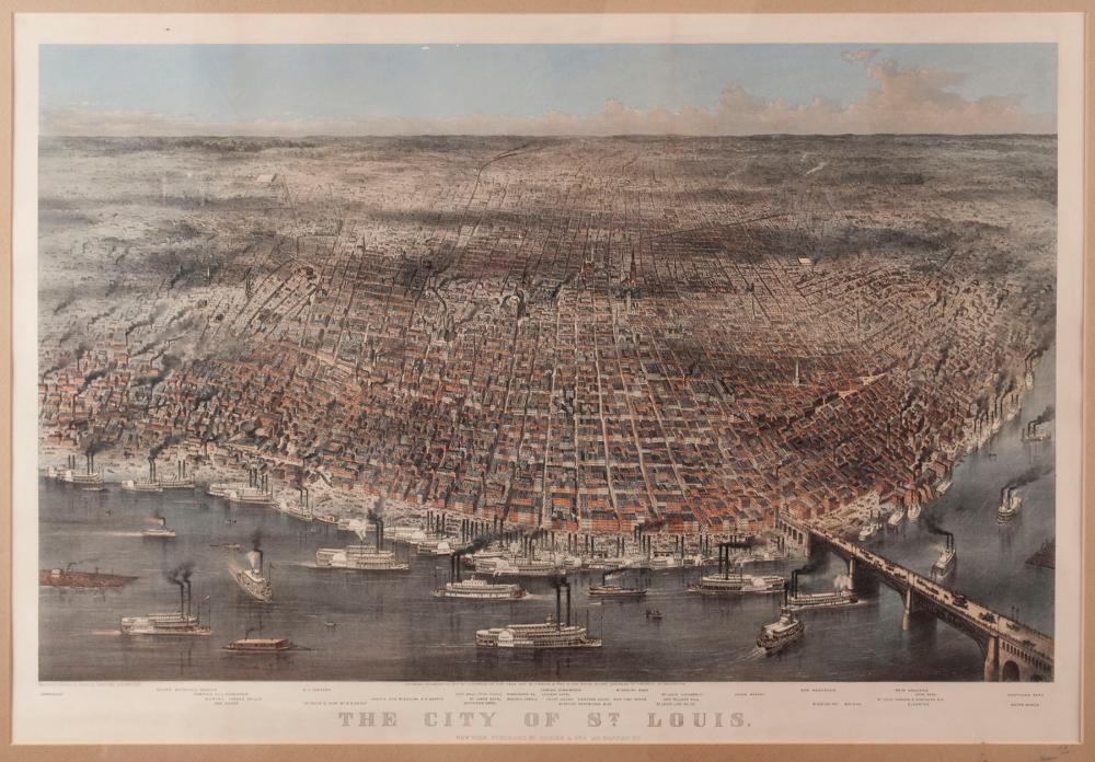 "The City of St Louis," a hand-colored lithograph published by Currier and Ives in 1874, sold as the second highest lot in the sale at $5,938. The image, a birds-eye view of the city as it rapidly expands, its borders visually limitless, was evidently prepared to show the city's promise at the United States Centennial celebration of 1876.
