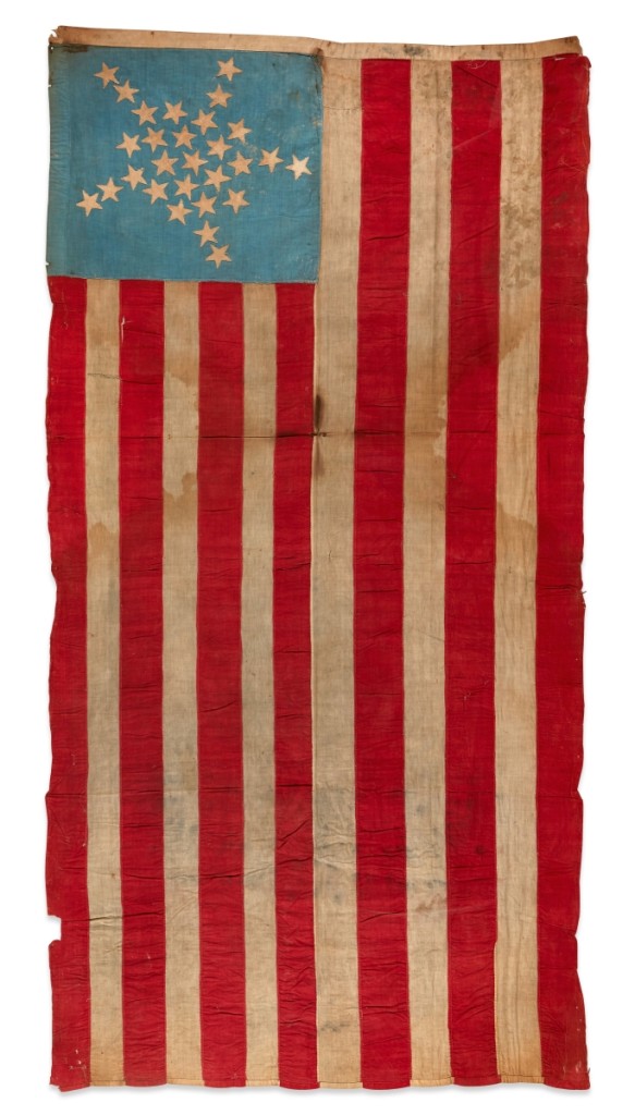 Texas entered the Union in 1845, and this 28-star Great Star American flag commemorating Texas statehood, the top lot in the sale, entered the inventory of Dillsburg, Penn., flag specialist Jeffrey Bridgman, who paid $68,750 for it. Circa 1846, the 52½-by-107-inch example was once in the collection of Jeffrey Kenneth Kohn, MD, who was in the gallery to see it go to a new owner.