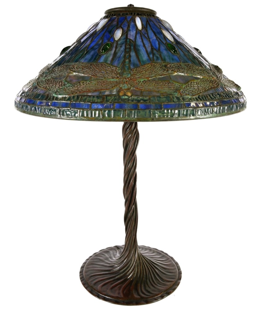 Tiffany dragonfly lamp with twisted vine base, from the family of its original purchaser, sold well above the $35 they paid in 1949. With original purchase receipt, the 26-inch lamp sold at $180,000.