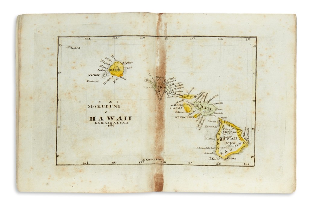 The sale was led by a rare 1840 Hawaiian-language school geography atlas printed by the Lahainaluna Seminary. Engraved by George Luther Kapeau, who would go on to become a statesman and governor of Hawaii, He Mau Palapala Aina A Me Na Niele No Ka Hoikehonua, No Na Kamalii, made its auction debut at $68,750.