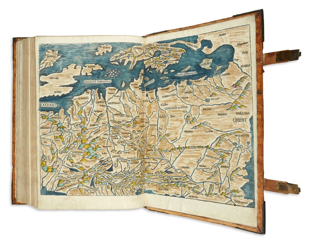 This 1493 Nuremberg chronicle was filled with a profusion of woodcut diagrams, illustrations and city views (several over double-page, including maps of the world and Europe, hand colored). Liber Cronicarum cum Figuris et Ymaginibus ab Inicio Mundi sold for $62,500.