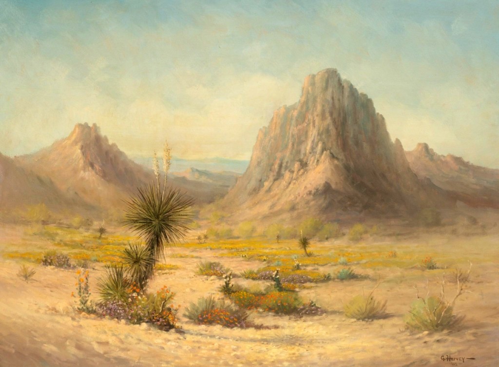 The sale’s top lot was found in an early work from the artist: “Desert Landscape” by G. Harvey, 1962, oil on board, 36 by 48 inches, $34,073.