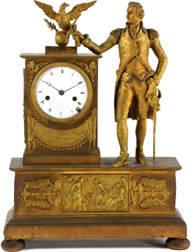 This brass and ormolu “George Washington” mantel clock made by Dubuc went to a photo bidder for $43,050 ($40/80,000).