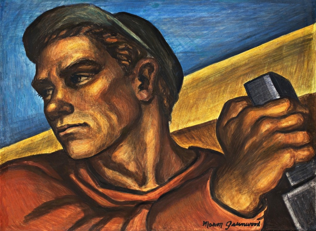 Marion Greenwood, “Construction Worker” (study for “Blueprint for Living,” a Federal Art Project mural, Red Hook Community Building, Brooklyn, N.Y.), 1940. Fresco mounted on composition board, Frances Lehman Loeb Art Center, Vassar College, Poughkeepsie, N.Y.; gift of Mrs Patricia Ashley 1976.44.11.