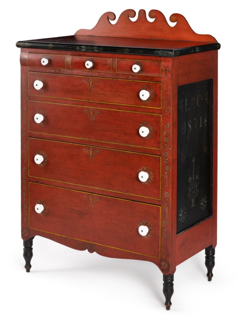 Bidders worked themselves into a bit of a lather over this “Soap Hollow” 1871 dated Somerset County, Penn., painted pine chest of drawers. It achieved $36,600 ($25/35,000).