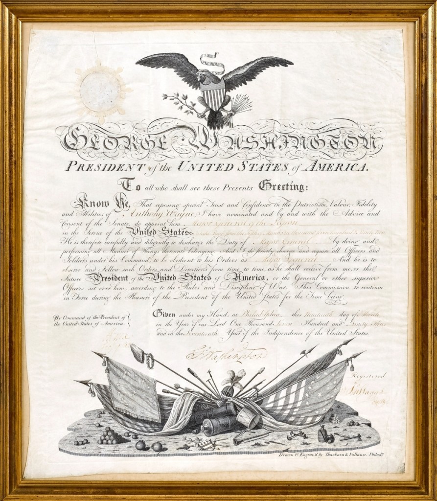A private collector who had never previously bought at Pook & Pook paid $122,000 — the second highest price in the sale — for this historically important appointment of Anthony Wayne to Major General of the Legion of the United State of America. It was dated March 19, 1793 and was prominently signed by President George Washington ($100/150,000).