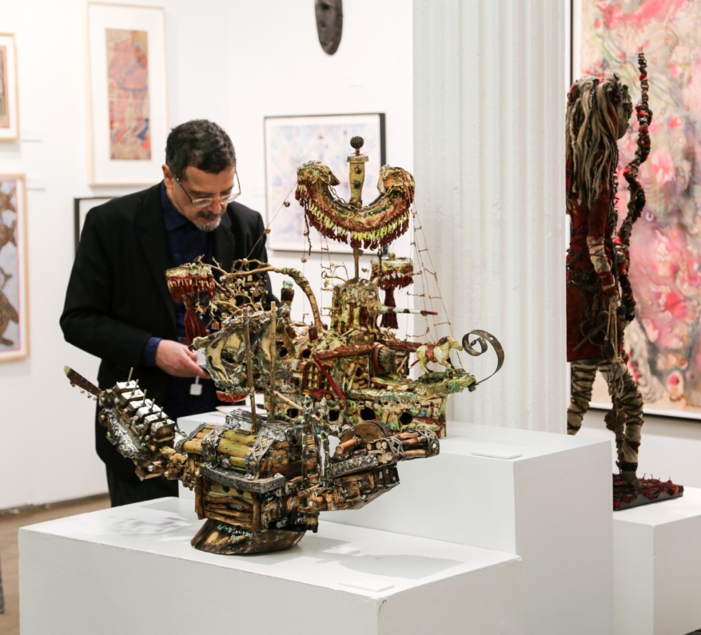 Contemporary works by artist Kevin Sampson were represented at Cavin-Morris Gallery, New York City. Seen here are two mixed media and found object works, “Shogun” and “USS Enterprise.”