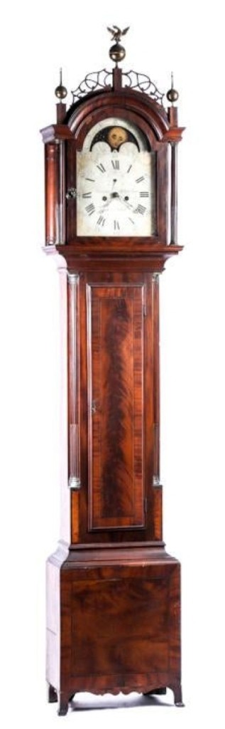 Bringing the highest price of the two-day sale, $38,350, was this Simon Willard tall case clock. The dial was painted “Warranted for Capt. John Brown,” along with Willard’s name.