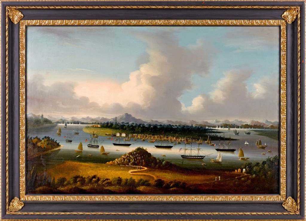 The cover lot was this large (29½ by 44 inches) China Trade oil on canvas view of Whampoa Anchorage, that went for $34,160 to a private buyer who won it on an absentee bid ($15/25,000).