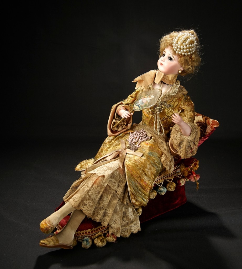 This lovely lady, a splendid musical automaton, “Elegant Lady Reclining on Recamier” by Leopold Lambert, circa 1885, sold at $48,300 for a rare, intricate and artistic model.