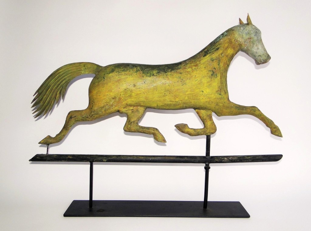 A running horse weathervane by A.L. Jewell brought the second highest price of the day at $4,025, circa 1850 and 32 inches long.