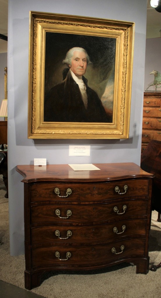 Gary Sergeant had this mid-Nineteenth Century portrait of George Washington painted by an artist after Gilbert Stuart’s portrait that was commissioned by Samuel Vaughan. It looked right at home above a George III serpentine mahogany chest. G. Sergeant Antiques, Woodbury, Conn.