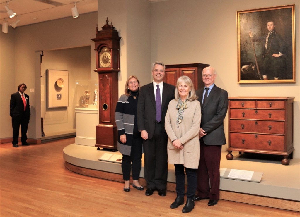 The Dietrich American Foundation assembled a team of scholars to produce In Pursuit of History: A Lifetime Collecting Colonial American Art and Artifacts and its companion exhibition, on view at the Philadelphia Museum of Art from February 1 through June 7. In the museum’s galleries are, center, from left, Dietrich American Foundation curator Deborah Rebuck; foundation president H. Richard Dietrich III; Kathleen A. Foster, Robert L. McNeil Jr. senior curator of American Art and director of the Center for American Art at the PMA; and David L. Barquist, the museum’s H. Richard Dietrich Jr curator of American decorative arts.