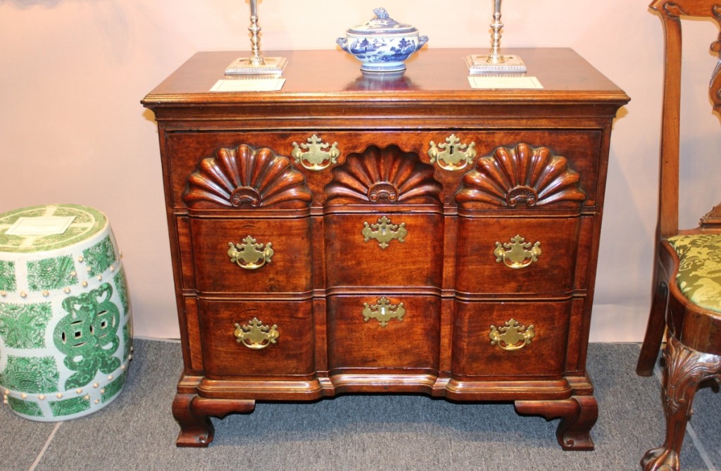 This Rhode Island Chippendale block and shell-carved chest had restoration and was with James M. Kilvington, Greenville, Del.