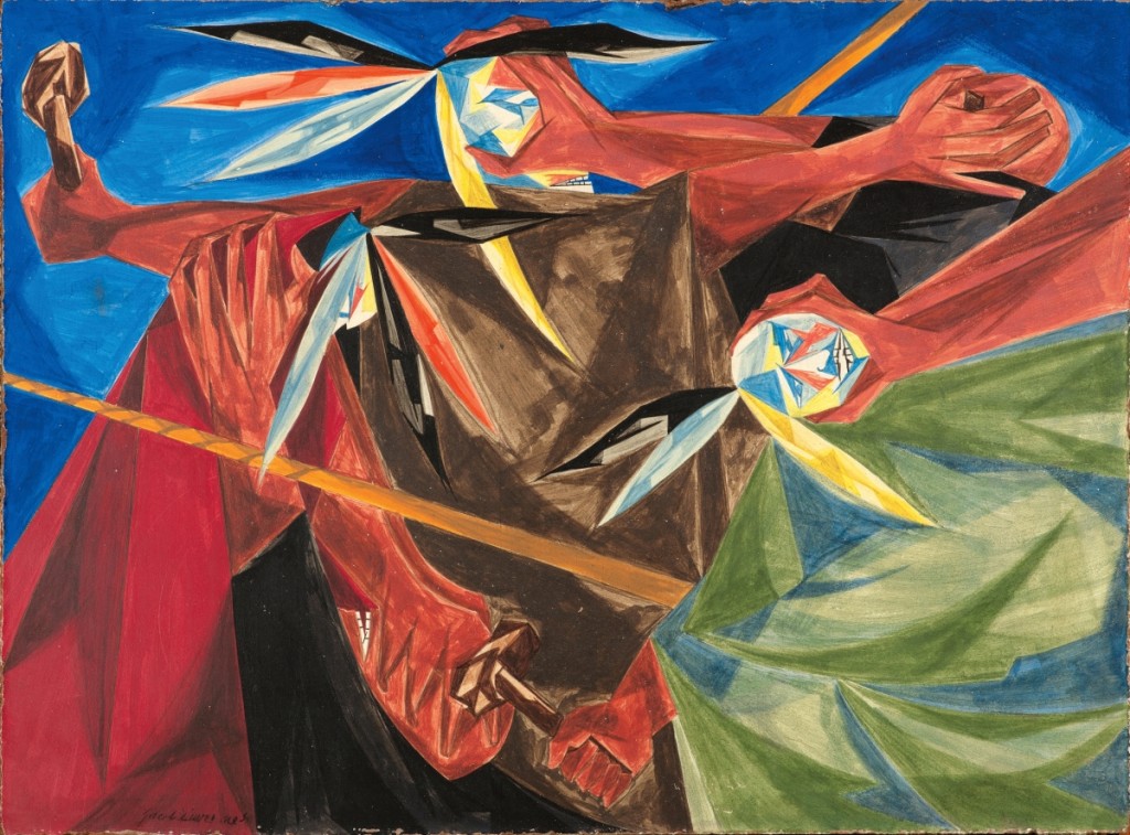 “Rally Mohawks! Bring out your axes, and tell King George we’ll pay no taxes on his foreign tea... — a song of 1773” by Jacob Lawrence, Panel 3, 1955, from “Struggle: From the History of the American People,” 1954–56. Egg tempera on hardboard. Collection of Harvey and Harvey-Ann Ross. ©The Jacob and Gwendolyn Knight Lawrence Foundation, Seattle/Artists Rights Society (ARS), New York. Photography by Bob Packert/PEM.