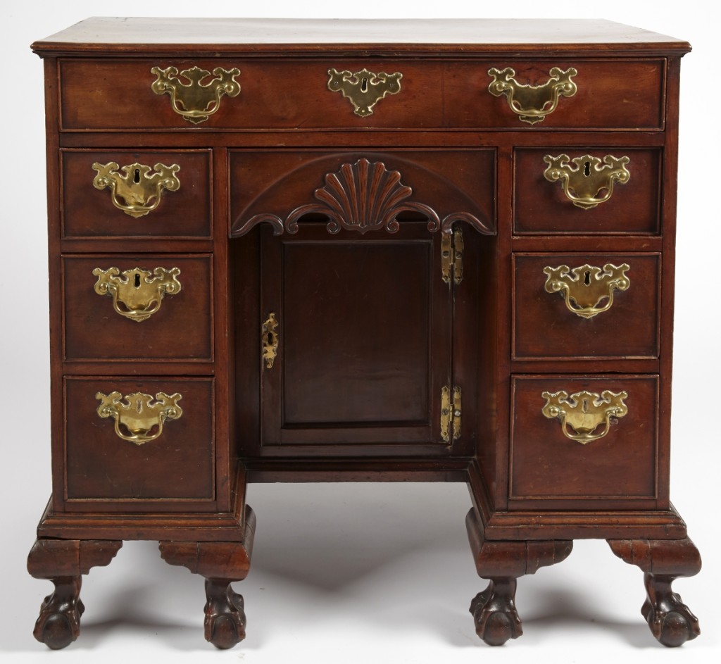 The historic John Adam Dix Chippendale kneehole desk or bureau table, New York, circa 1760, formerly the property of John Adams Dix (1798-1879), a US Civil War major general for Union forces, US secretary of the treasury and US senator, bested its $8/12,000 estimate, selling for $26,250.