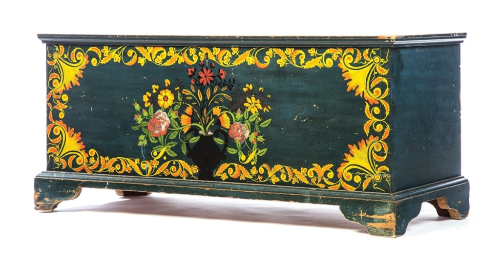 Offered as the first lot on Saturday morning, a Schoharie County, N.Y., pine painted blanket chest was also the top lot of the day. The first quarter Nineteenth Century chest with an original blue painted field and flowers in seven different colors, ex Peter Tillou, sold at $7,800.