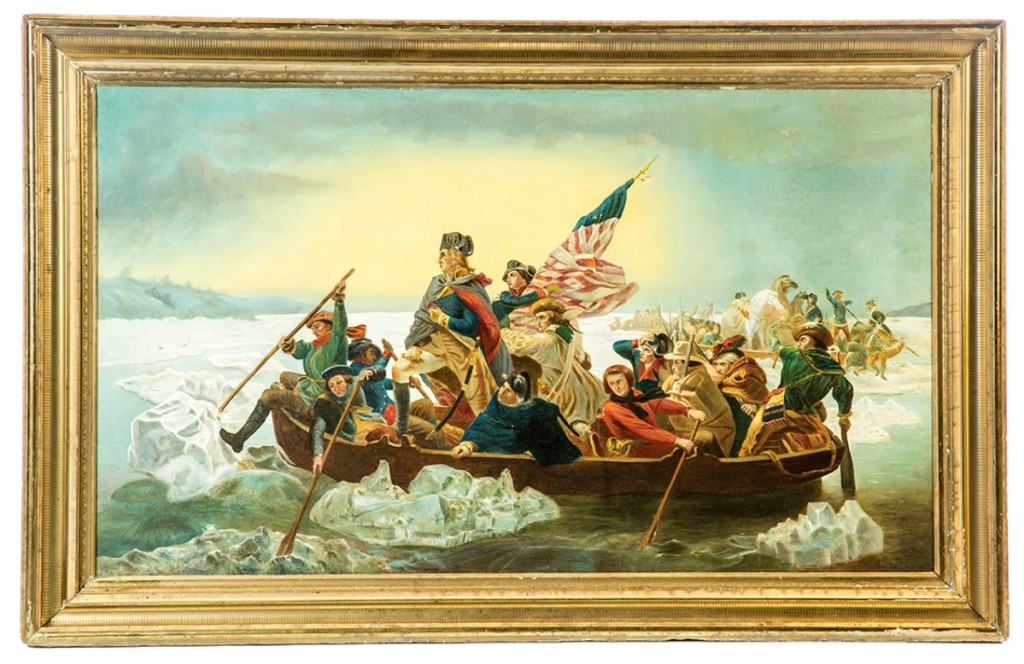 A well-done early copy after the 1851 original version in the Metropolitan Museum of Art, “Washington Crossing The Delaware,” after Emanuel Leutze (Germany/New York City/Washington DC, 1816-1868), was unsigned and realized $4,800.