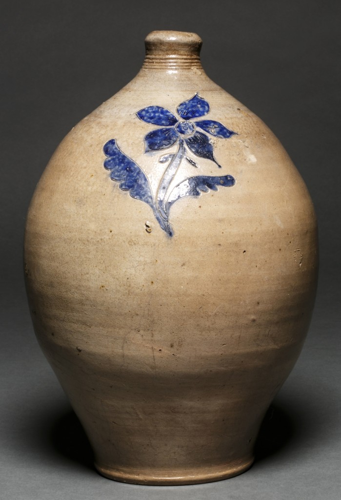 Early Nineteenth Century stoneware jug with incised floral decoration, possibly made by George Lent. Retains Nineteenth Century history of family ownership with the Corson, Jones, Hillyer and Prall families on Staten Island. Collection of Historic Richmond Town. Courtesy Staten Island Historical Society.