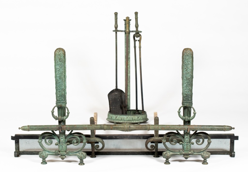 The highest priced item in the sale was this fireplace set attributed to Tiffany Studios. Along with the andirons was a set of fireplace tools, an ember screen, a four-fold screen and the spit. It retained the original patinated bronze finish and sold for $30,000.