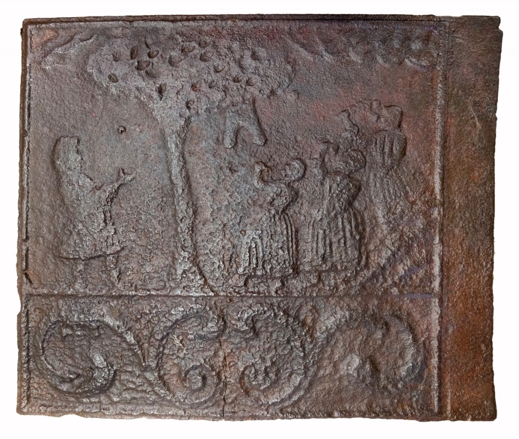 Women depicted on a cast iron jamb stove plate, manufactured by   Marlboro Furnace, Frederick County, Va., dated 1768. This stove plate will   be included in the “Revision 2020” exhibition opening February 29.