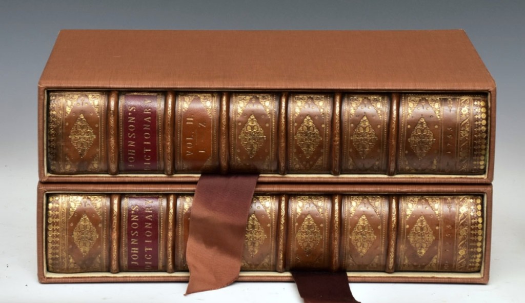 The two-volume set, A Dictionary Of The English Language by Samuel Johnson, printed by W. Strahan for J.P. Knapton, London, 1755, was titled Johnson’s Dictionary on the spines of the leather-bound volumes housed in a two-slip box. It sold at $9,000.