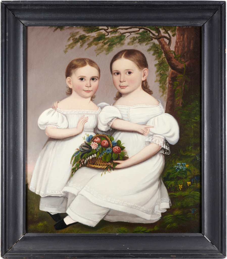 The top lot of the auction was this Hannah Fairfield double oil portrait of Lucy Adams Tracy and Ellen Nichols Tracy, circa 1839, that attained $21,250.